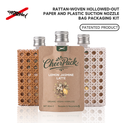 গুণমান  Reusable Rattan Woven Spout Pouch with Aluminum Cap | CheerPack Patented 100ml rattan-woven hollow-out spout pouch with reusable Sleeve and aluminum screw cap. Eco cosmetic packaging, OEM/ODM welcome. কারখানা