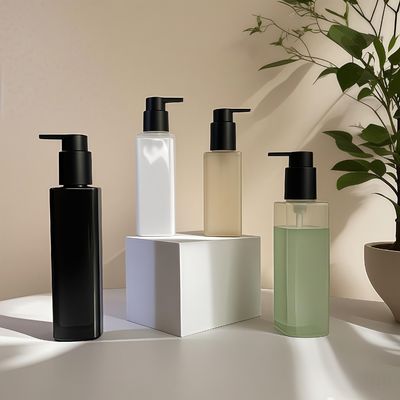 কাস্টম রঙের কসমেটিক ব্যক্তিগত যত্ন প্যাকেজিংয়ের জন্য প্রেস পাম্প সিলিং সহ পিইটি প্লাস্টিকের বর্গাকার বোতল